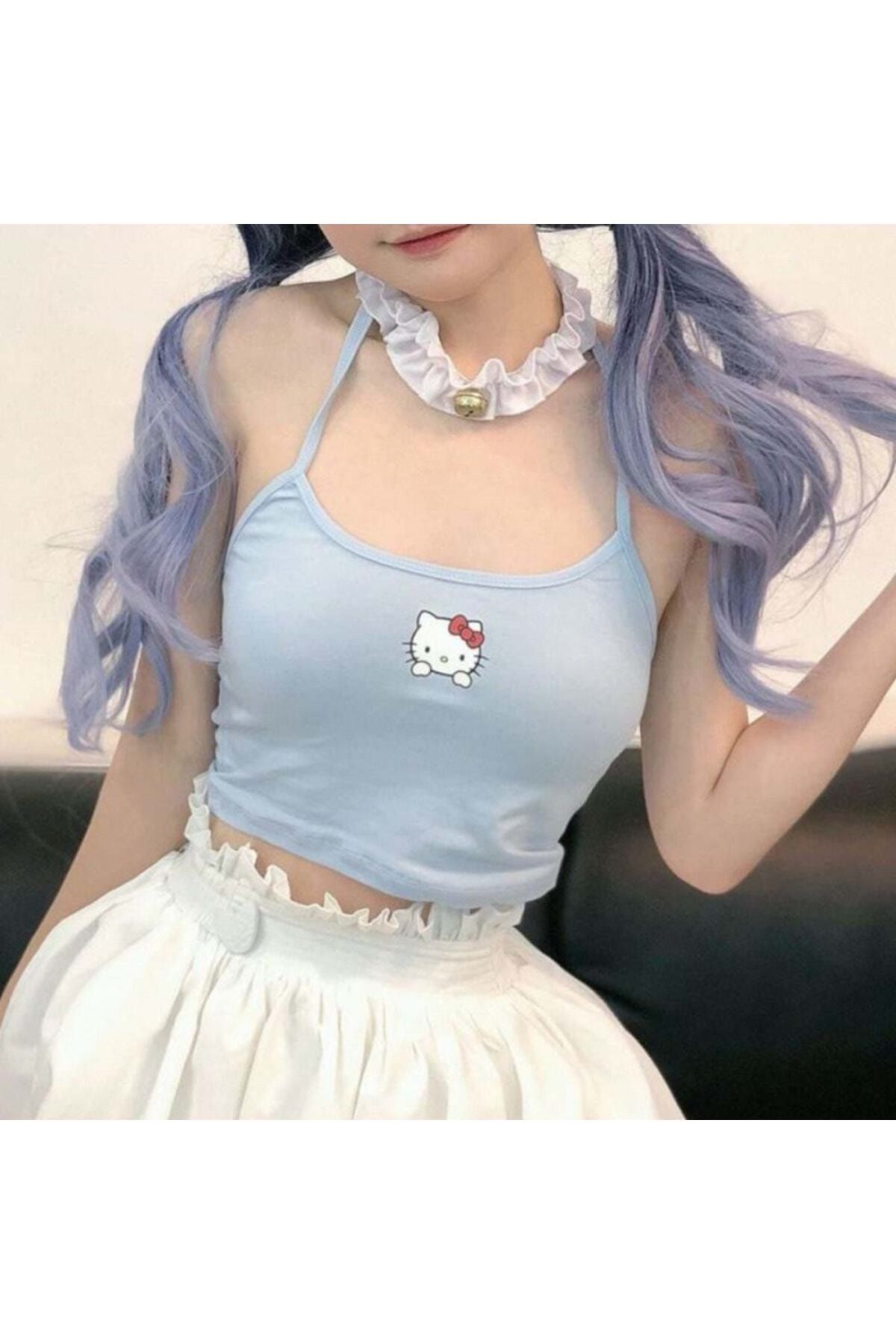 Köstebek Harajuku Anime Hello Kitty Mavi Askılı Kadın Tişört