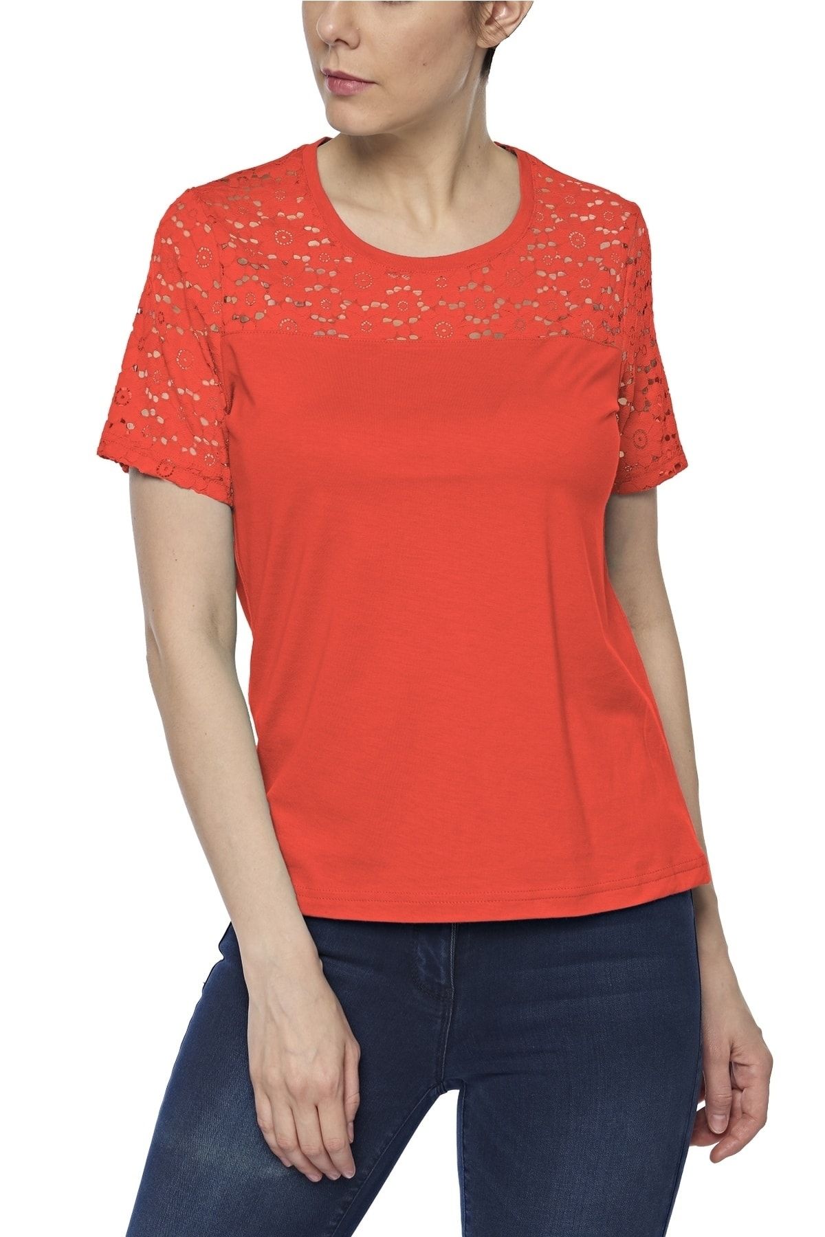fsm1453 Kadın Pamuklu Modal Kısa Kollu Dantelli Üst T-shirt