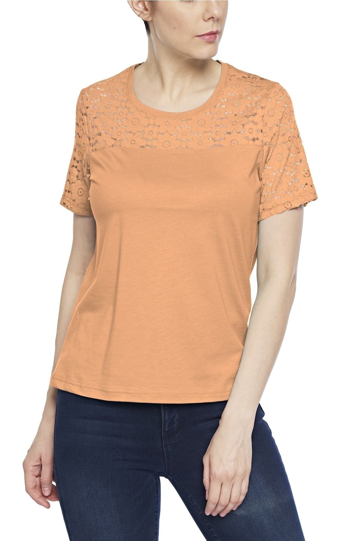 fsm1453 Kadın Pamuklu Modal Kısa Kollu Dantelli Üst T-shirt