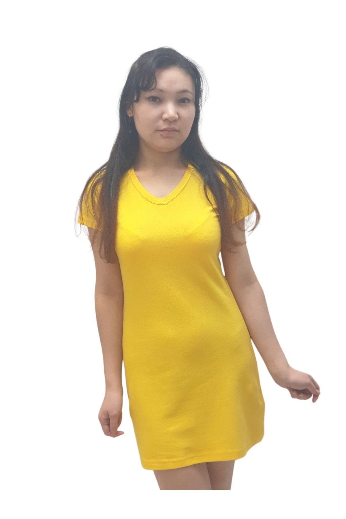 ulaştekstil Sarı Yazlık V Yaka Relax Kesim Diz Üstü Mini Basic T-shirt Elbise