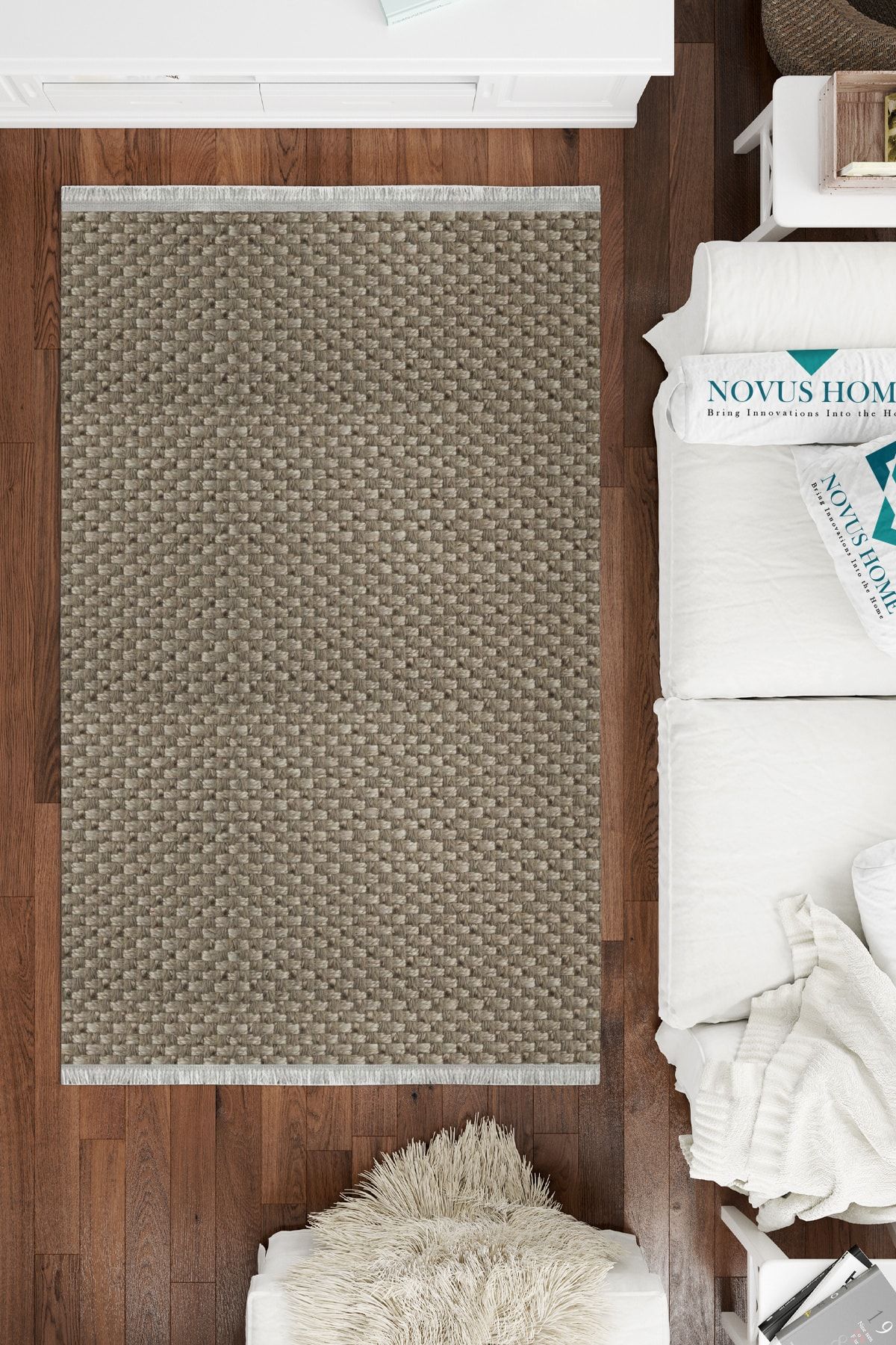 Novus Home Yıkanabilir Kaymaz Tabanlı Dijital Baskılı Cotton Serisi Ahşap Örgü Efektli Doku Halı.