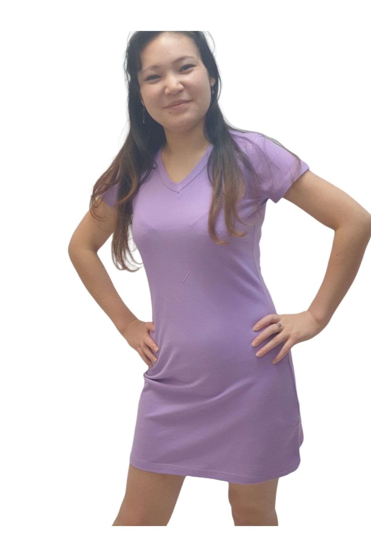 ulaştekstil Lila Yazlık V Yaka Relax Kesim Diz Üstü Mini Basic T-shirt Elbise