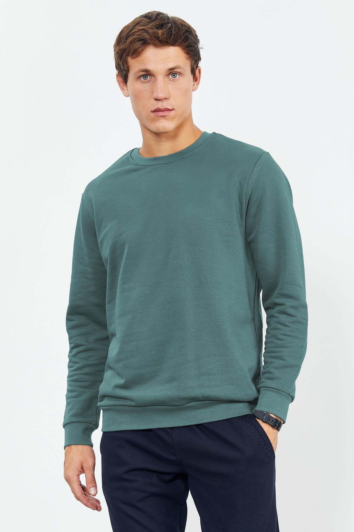 TOMMY LIFE Mint Yeşili Erkek Basic O Yaka Rahat Form Sweatshirt - 88053