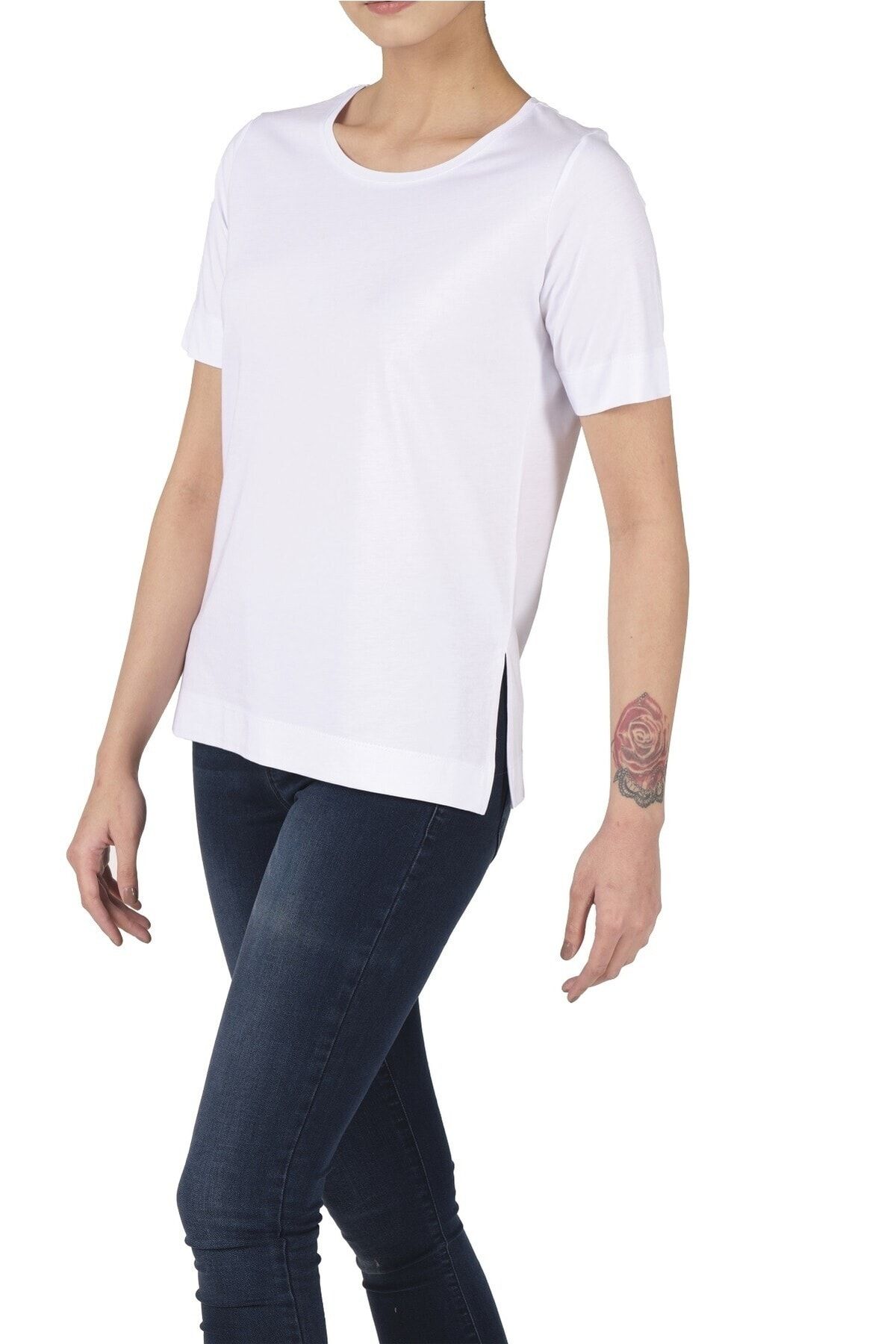 fsm1453 Kadın Pamuklu Modal Kısa Kollu Yırtmaçlı Comfort Fit T-shirt -2405
