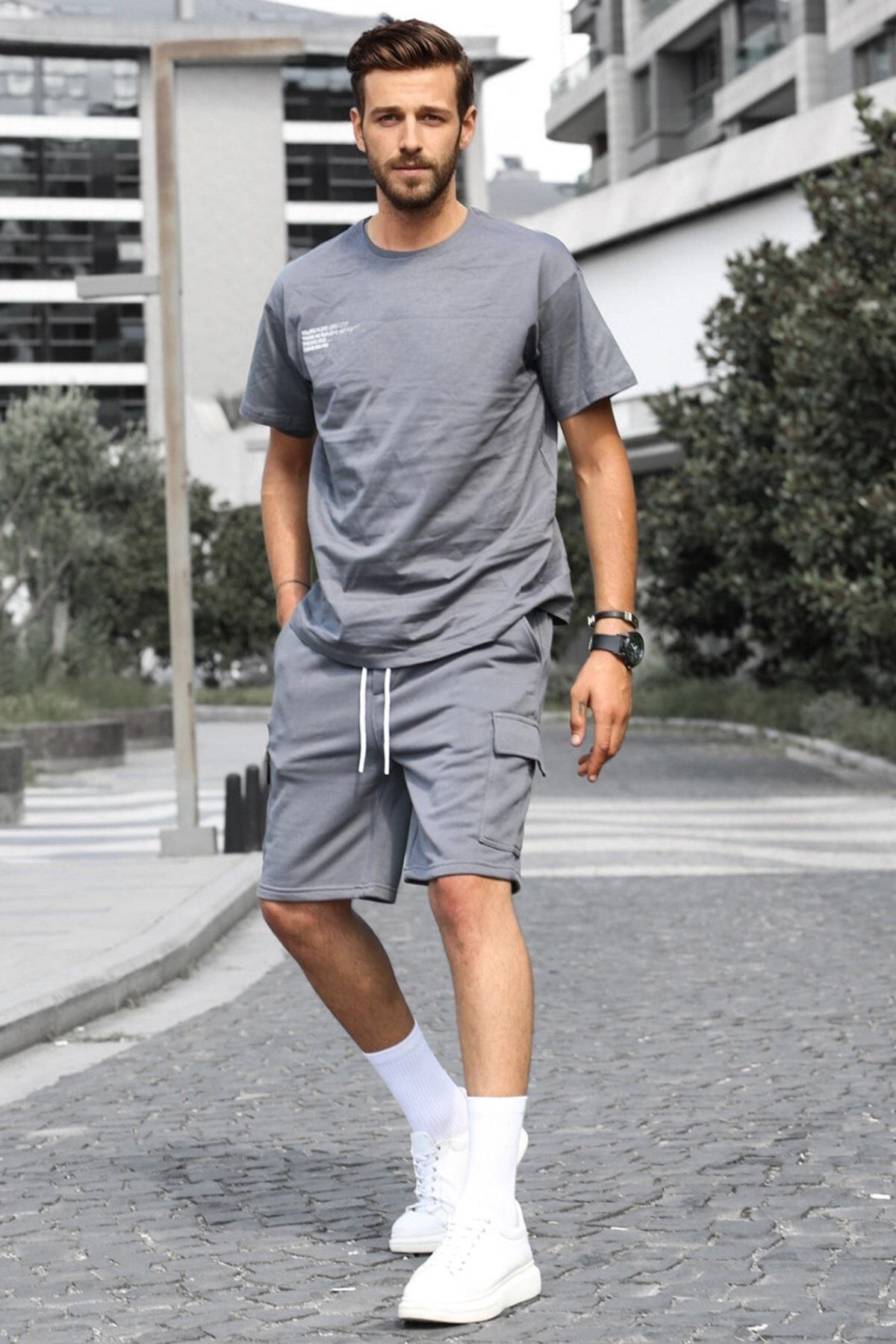 Madmext Füme Oversize Erkek Şort Takımı 5391