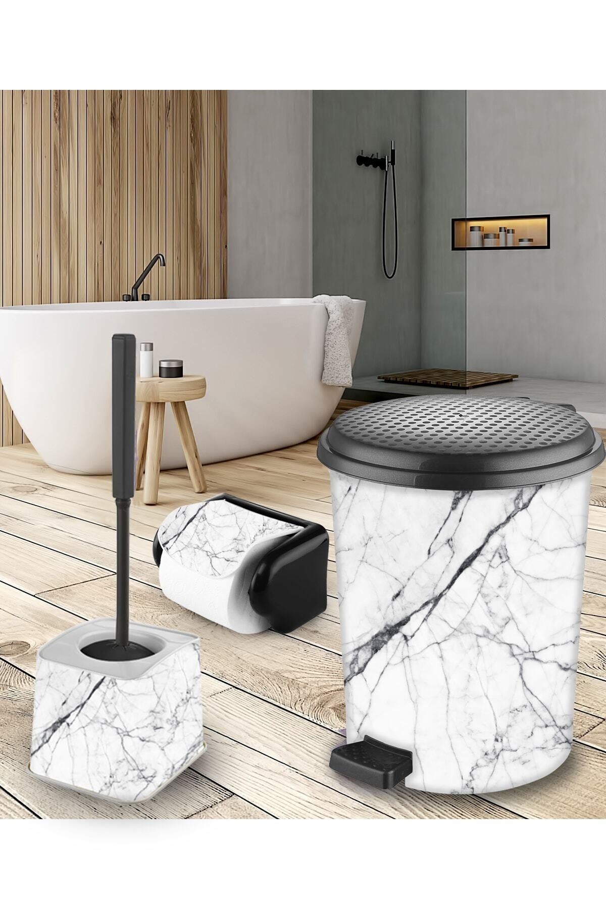 Elif Beyaz 7 lt Çöp Kovası+Tuvalet Fırçası+Tuvalet Kağıtlığı Plastik Mermer Desenli Banyo Seti