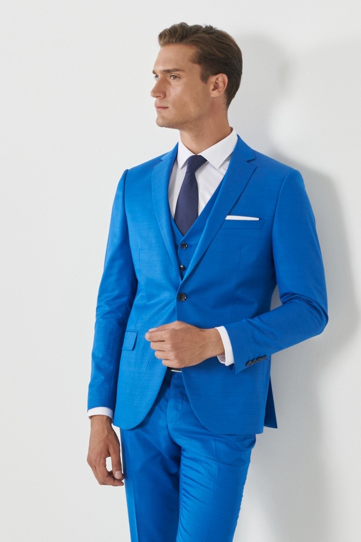Altınyıldız Classics Erkek Saks Mavi Ekstra Slim Fit Dar Kesim Mono Yaka Pick Desenli Yelekli Takım Elbise