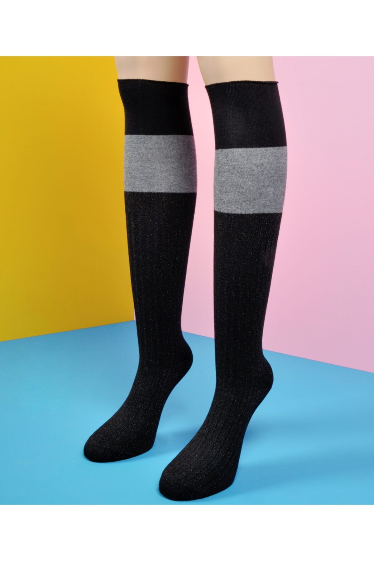 Socks Academy Gri Detaylı Siyah Simli Dizüstü Çorap