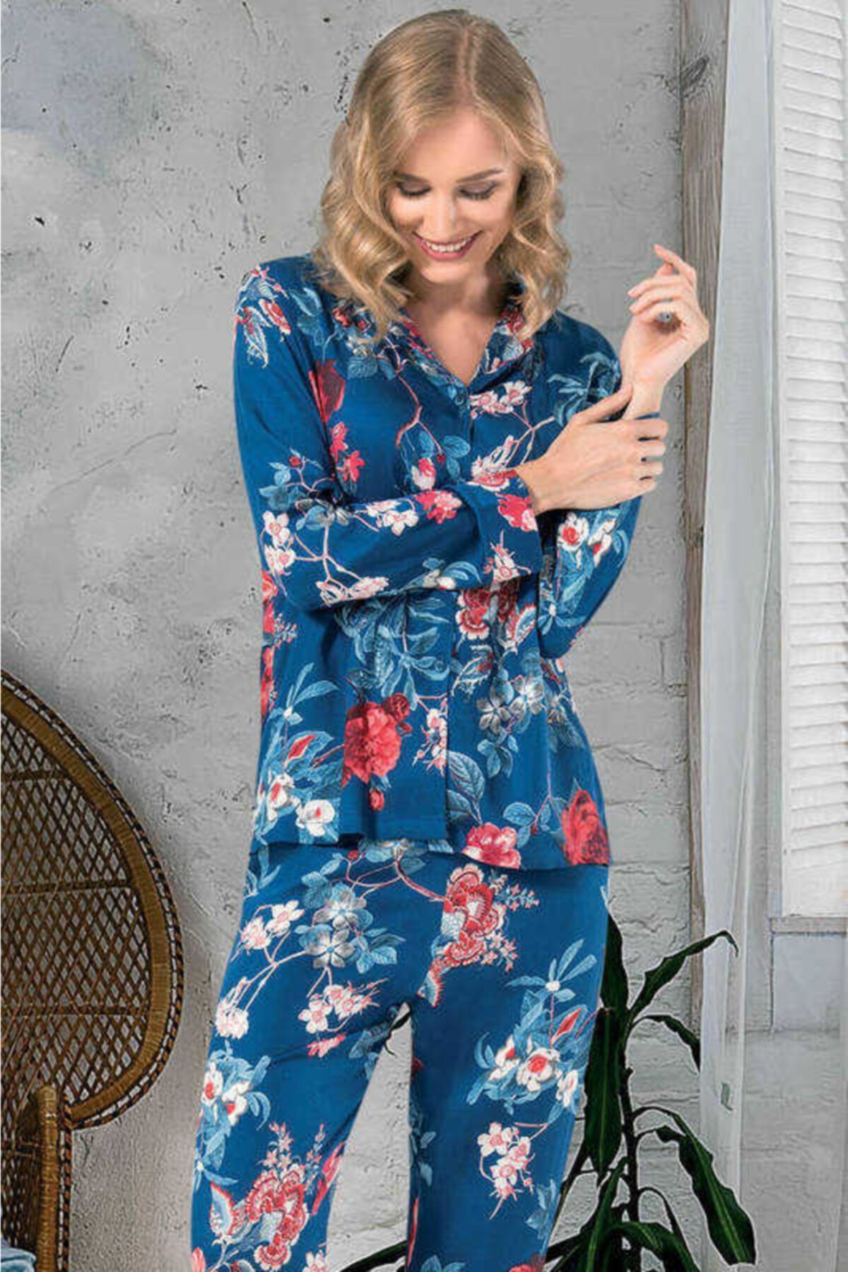 Nbb Kadın  Petrol Mavisi Floral Desenli Önü Düğmeli Pijama Takımı 66608
