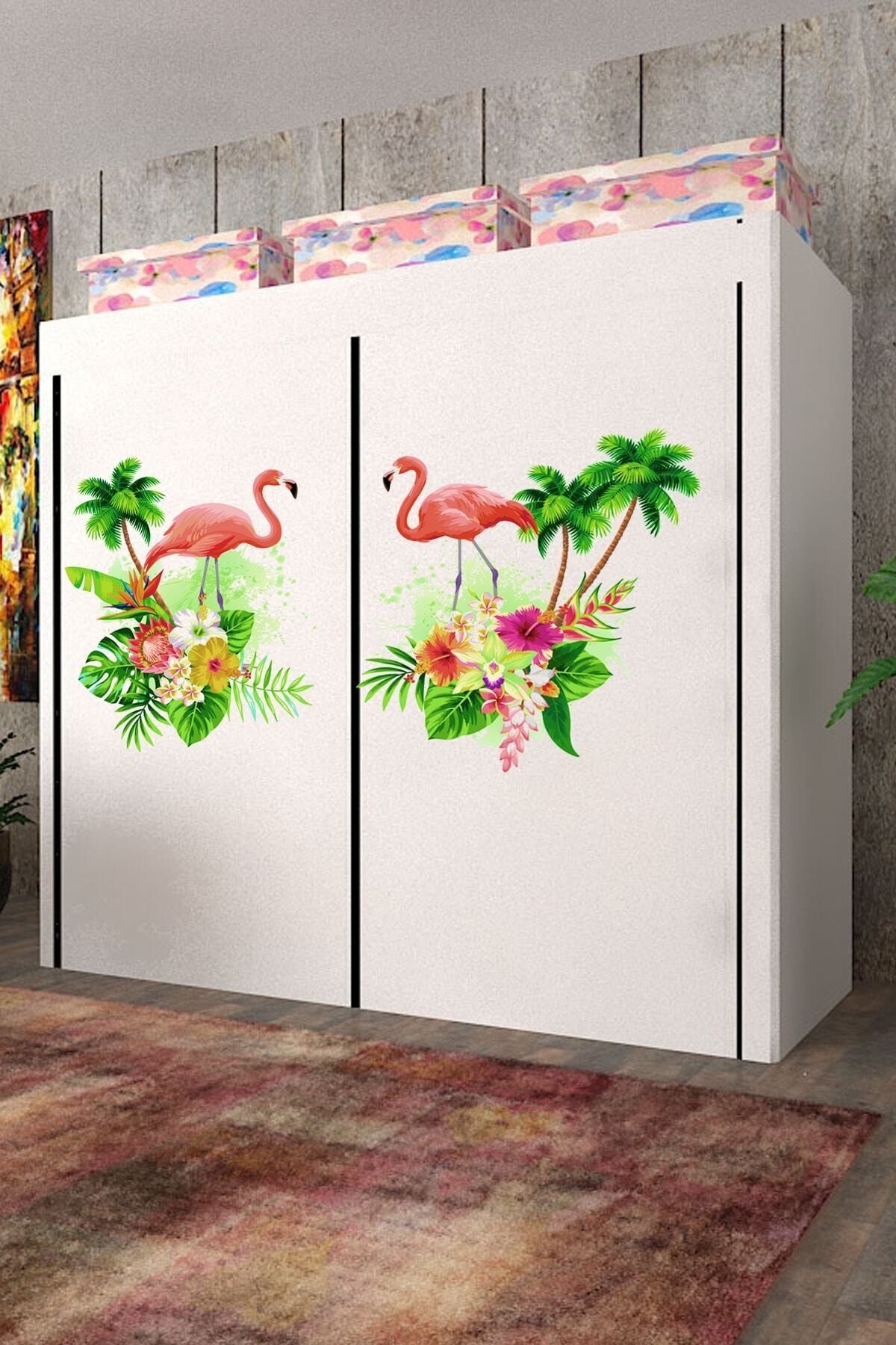CimriKese Flamingo Desen Geniş Hacimli Çift Askılı Bez Bez Dolap