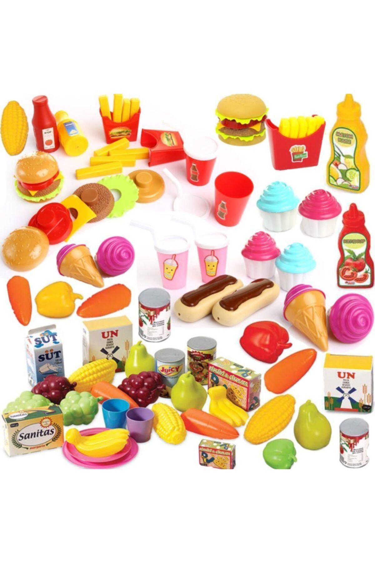 DEDE 80 Parça Oyuncak Meyve + Sebze + Tatlı + Hamburger Set Kız Çocuk Oyunları Evcilik Oyuncak Depomiks