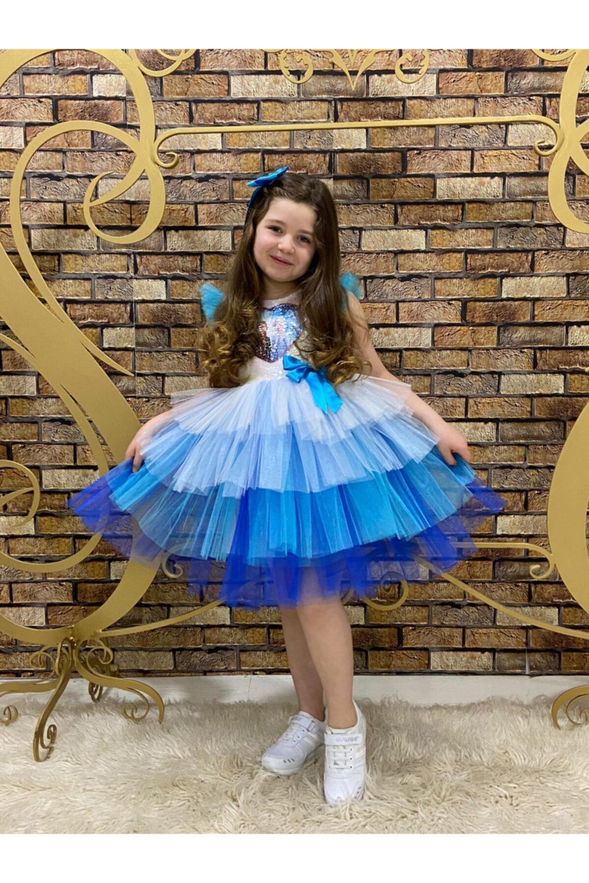 Pumpido Kız Çocuk Mavi Pul Payet Tütülü Elsa Elbisesi 4-7 Yaş