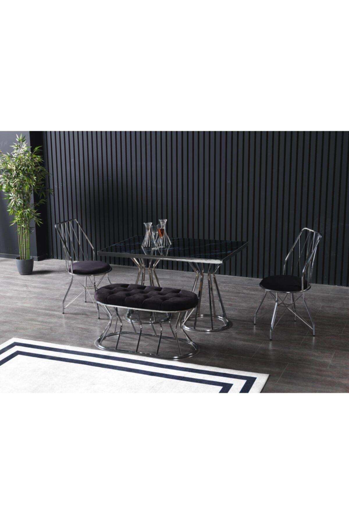 Ressa Home Gümüş Siyah Mermerli Mutfak Masası Takımı 80x120 Cm