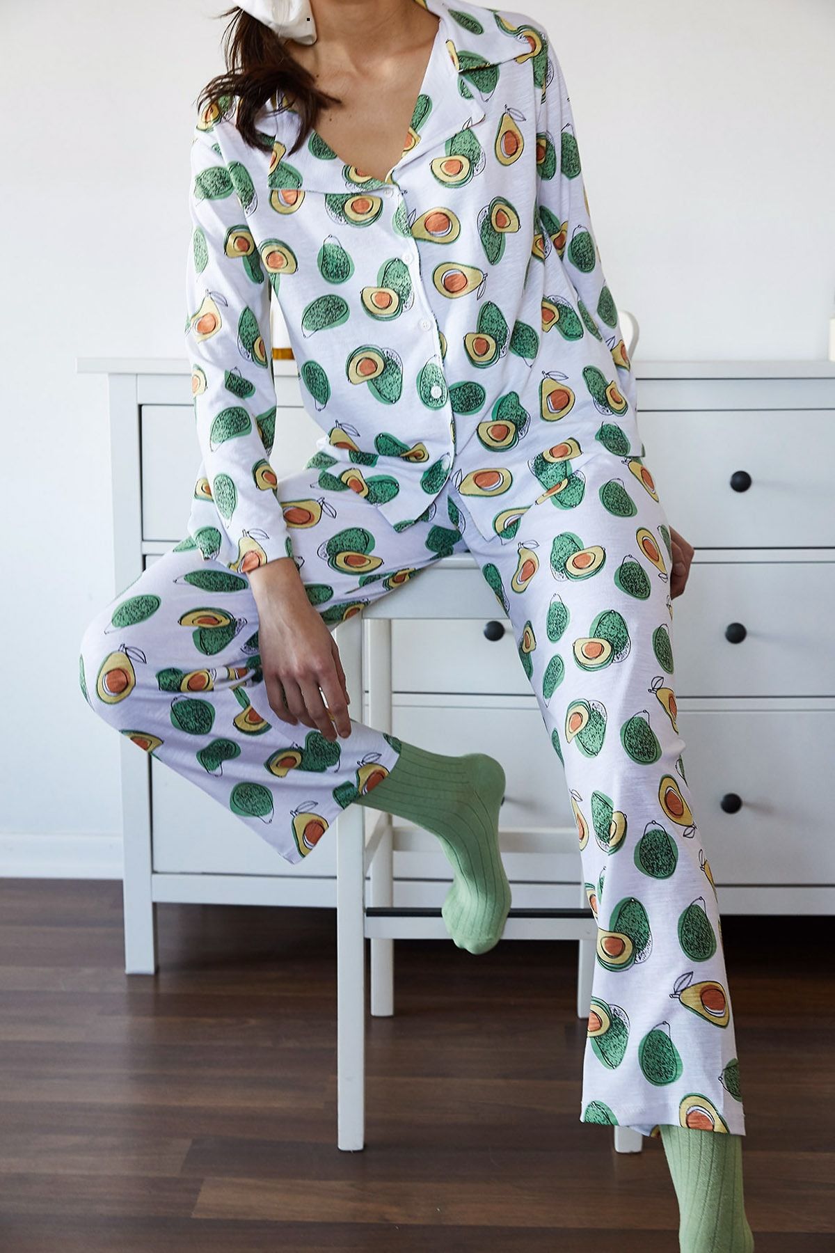 XHAN Kadın Beyaz & Yeşil Avokado Desenli Pijama Takımı 1KZK8-11024-78