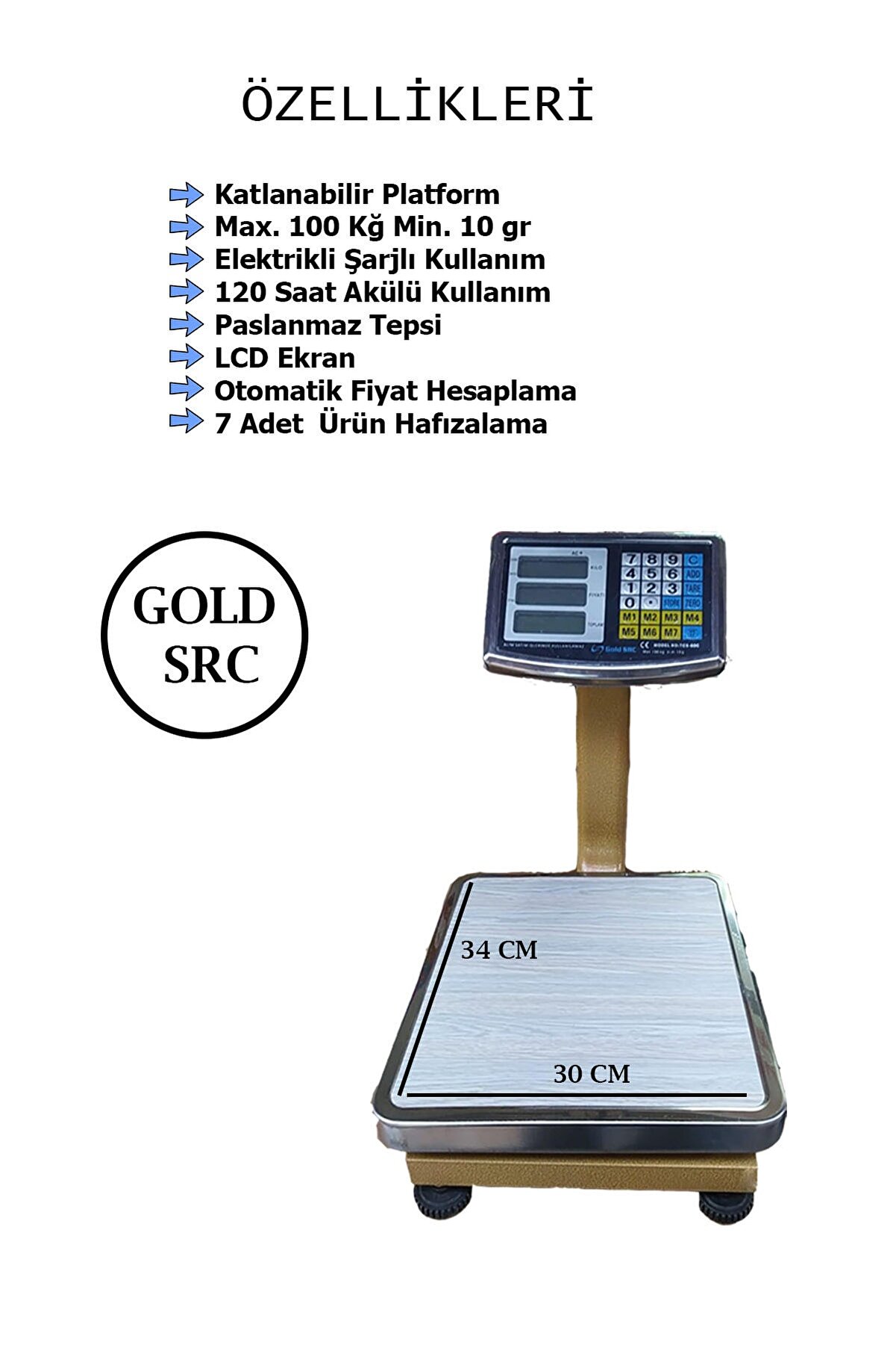 GOLD SRC Gs-100c 100 Kğ Elektronik Terazi 10gr Hassasiyet Katlanır Boyunlu Kolay Kurulum Lcd Ekran