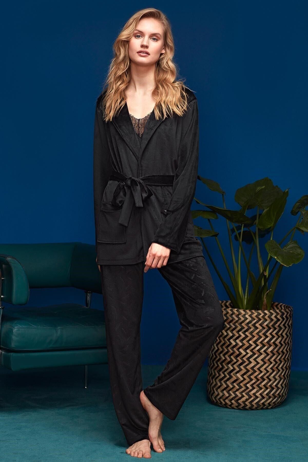 Penye Mood Kadın Siyah 3'lü Pijama Set
