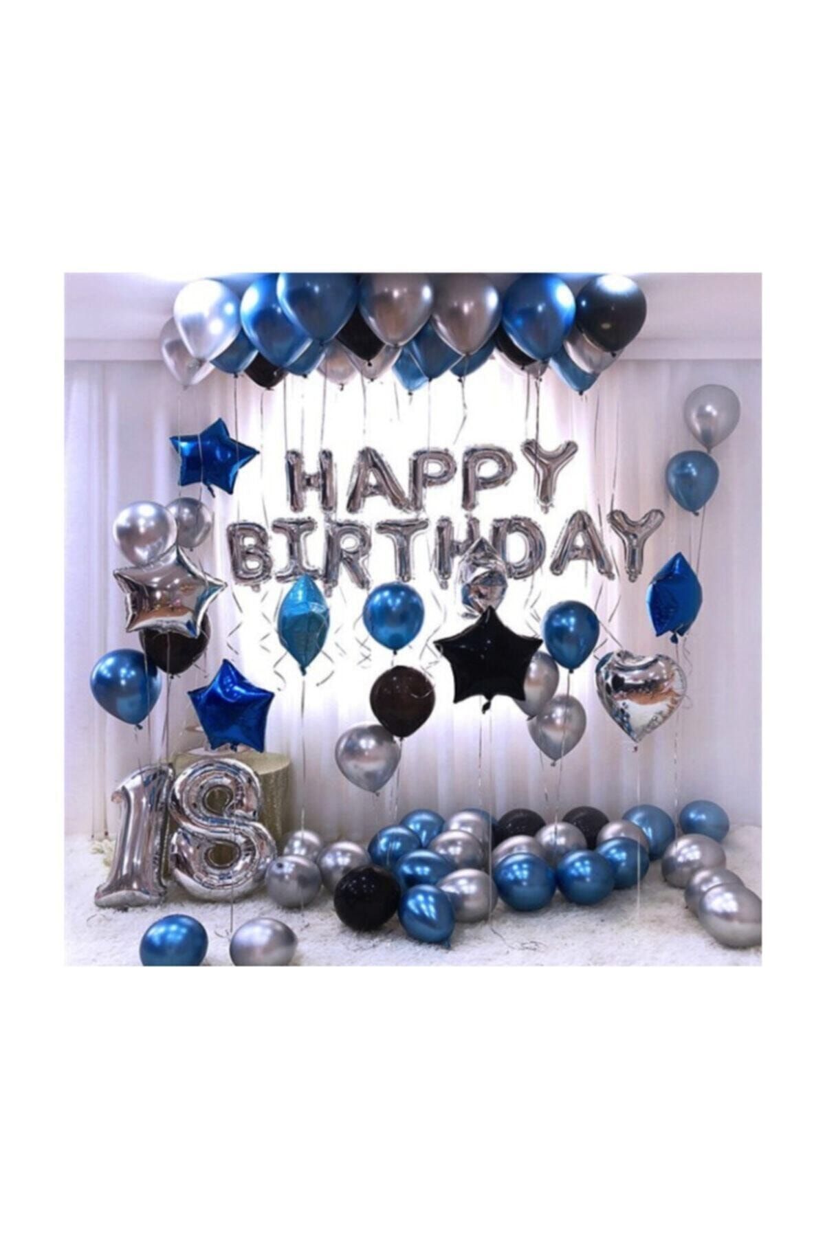 Çemrek Süs Parti Gümüş Mavi Doğum Günü Seti - 50 Adet Metalik Balon Ve Happy Birthday Set Balon