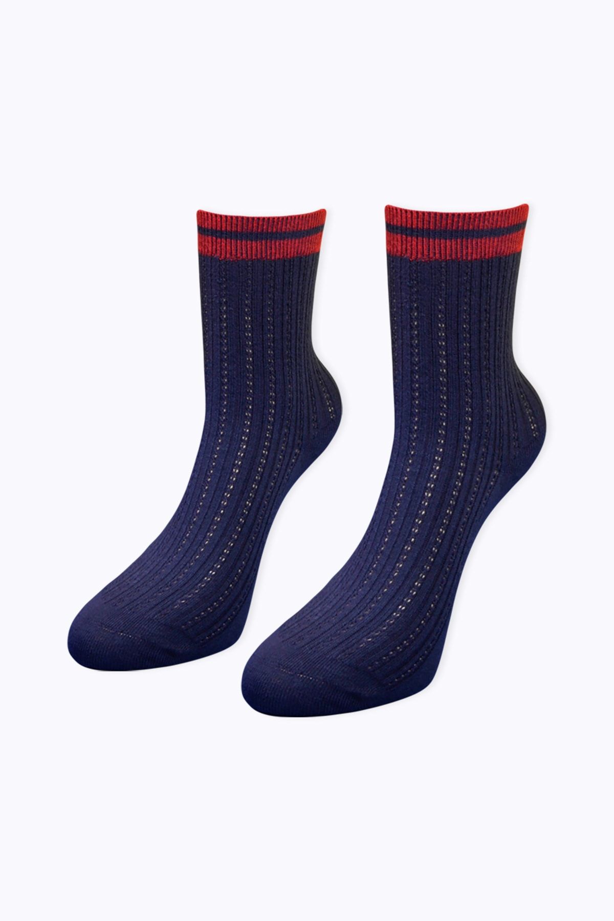 Socks Academy Kırmızı Çizgili File Detaylı Lacivert Çorap