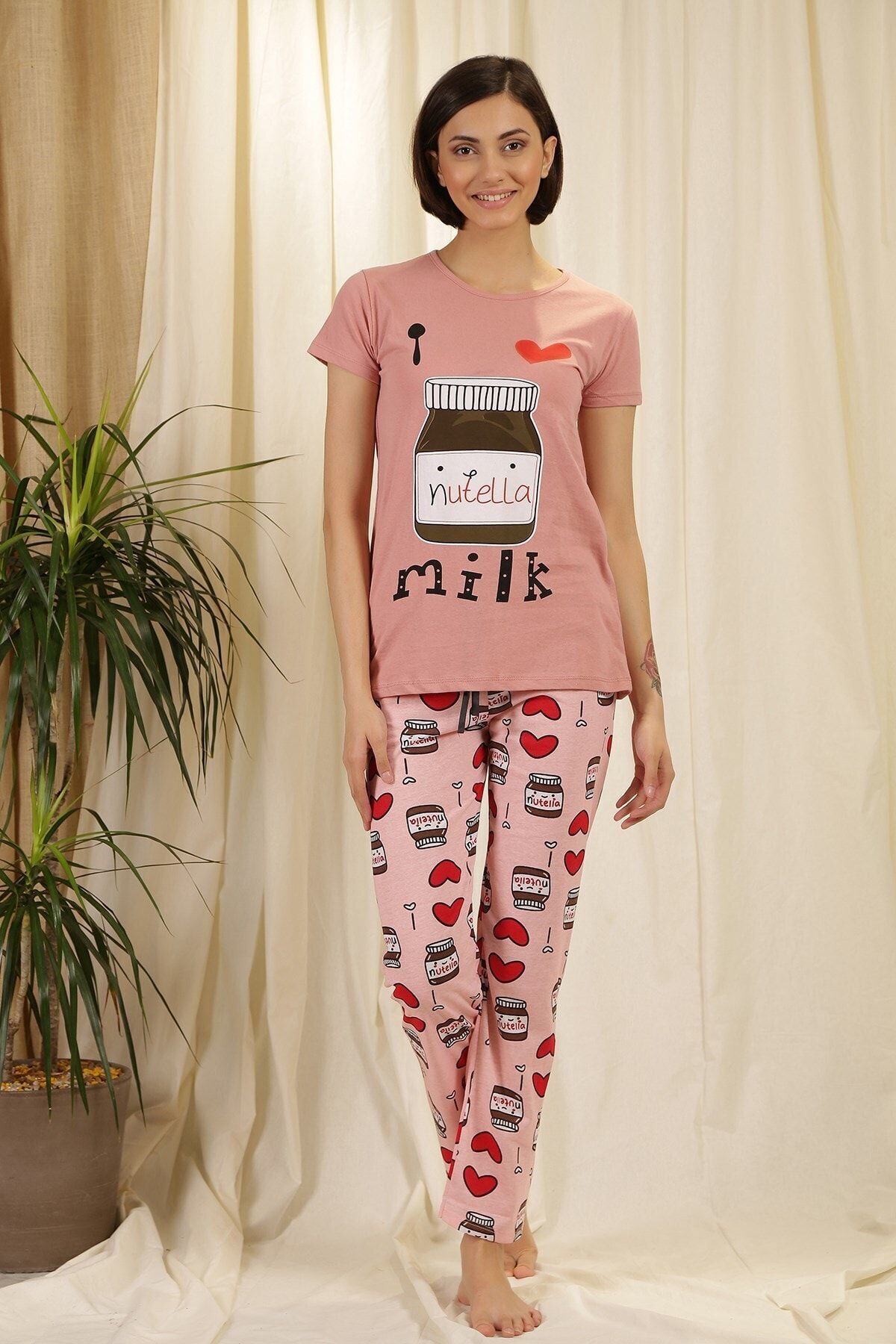 Zindi Kadın Desenli Pijama Takımı Gül Kurusu