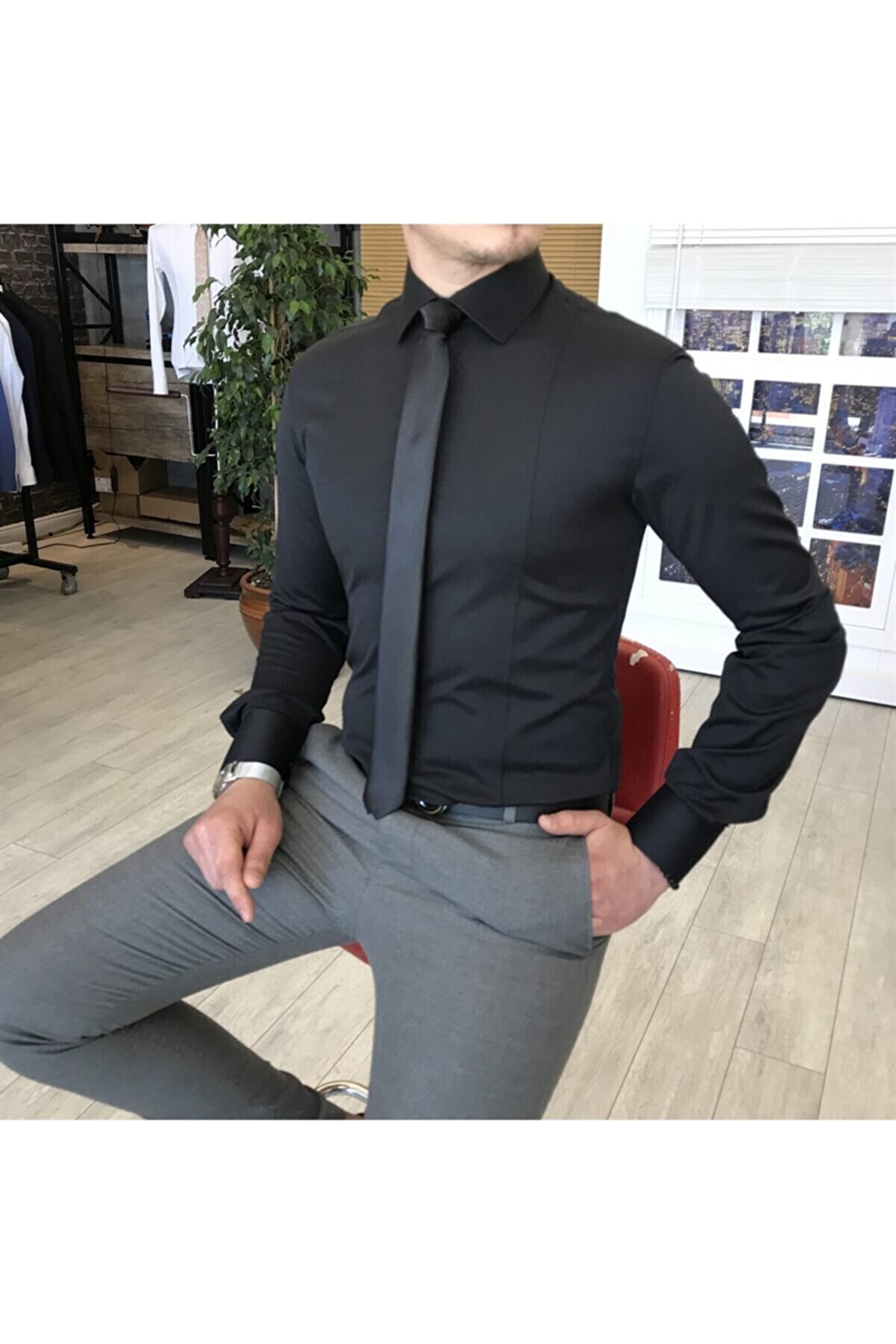 TerziAdemAltun Italyan Stil Slim Fit Saten Kravat Yaka Gömlek Siyah T4767