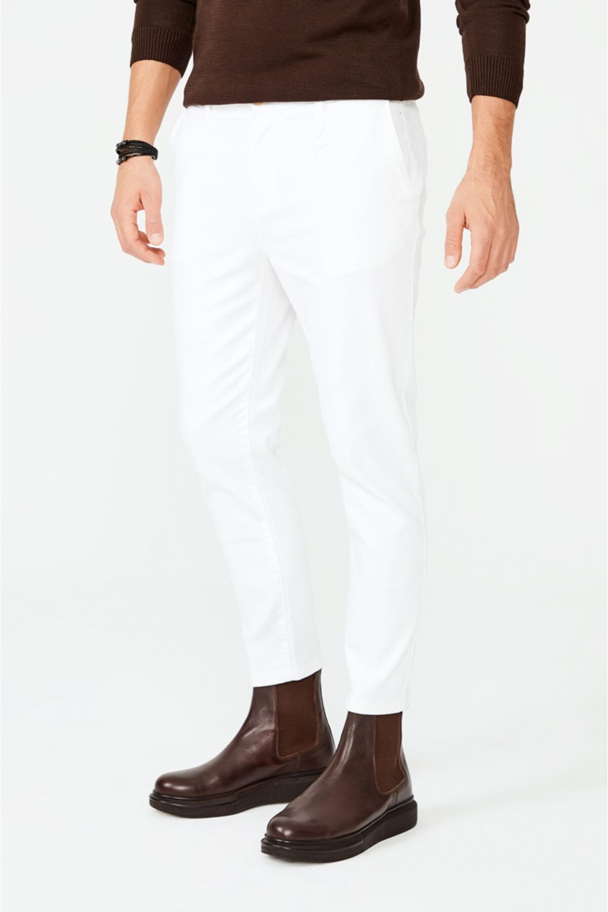 Avva Erkek Beyaz Yandan Cepli Pileli Düz Slim Fit Pantolon A02y3026