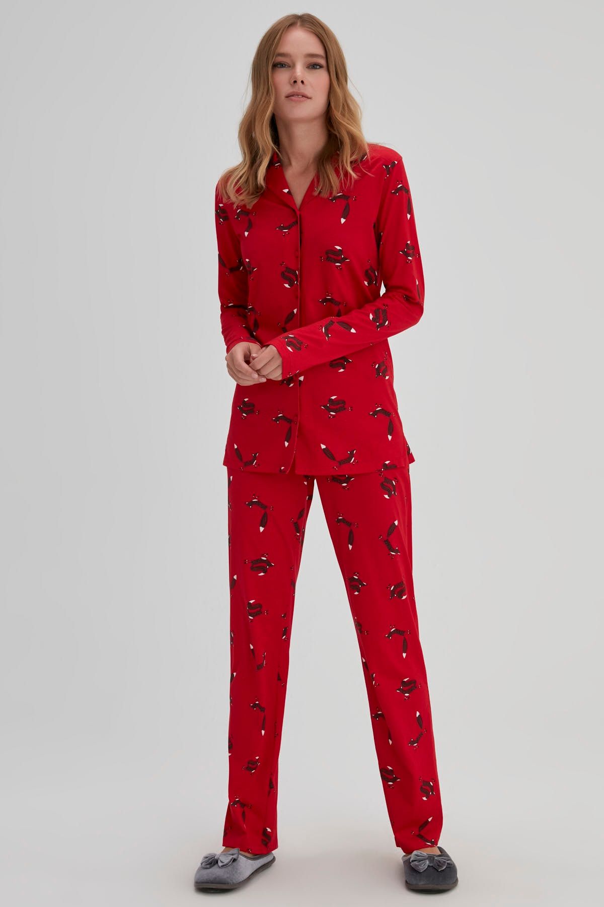 Dagi Kırmızı Kadın Modal Gömlek Tilki Desenli Pijama Takımı