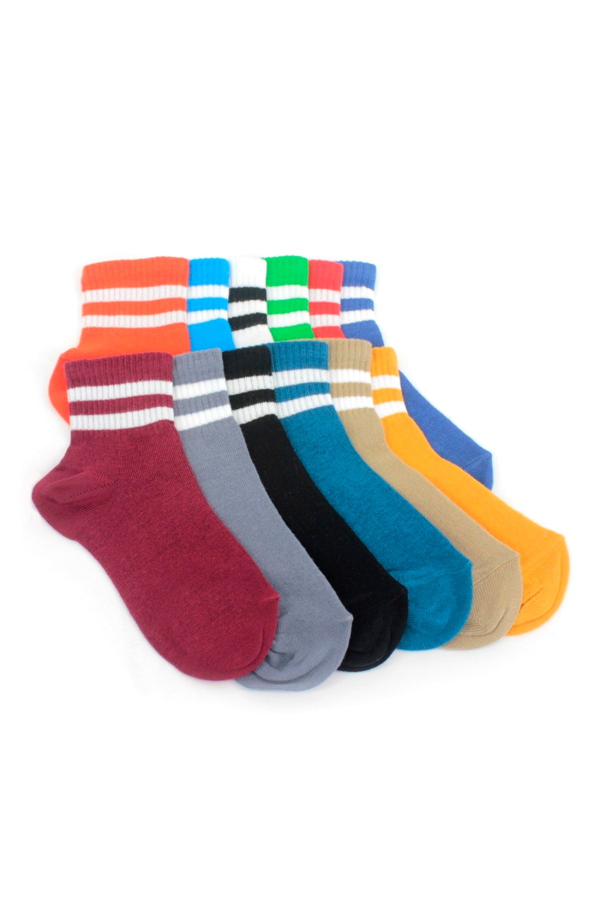 Hane14 Çizgili Pamuklu Kısa Çocuk Çorabı Renkli 12'li Paket