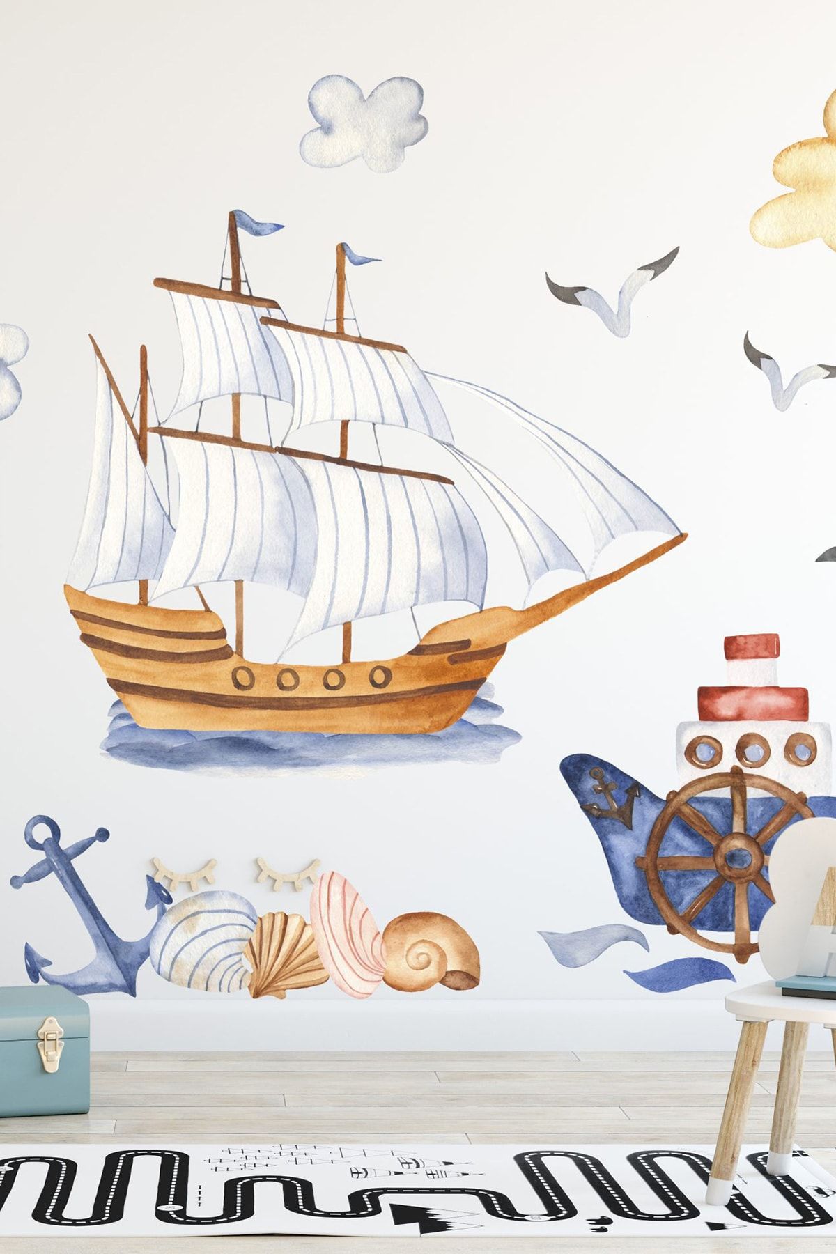 TUGİBU Duvar Sticker Seti Gemiler Ve Deniz Altı Temalı Balık