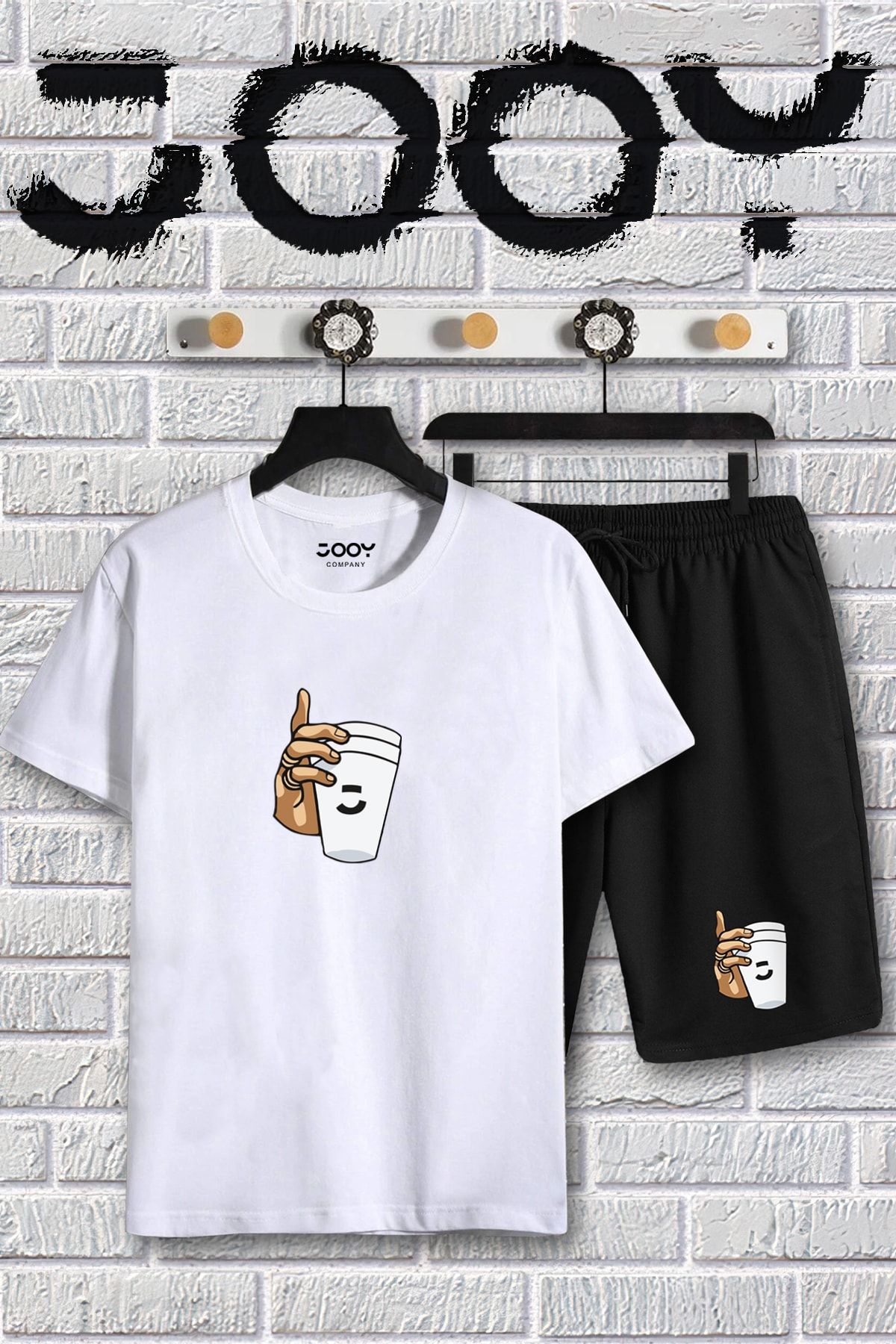Jooy Company Beyaz Bardak Baskılı Oversize Tshirt Ve Penye Şort Takım