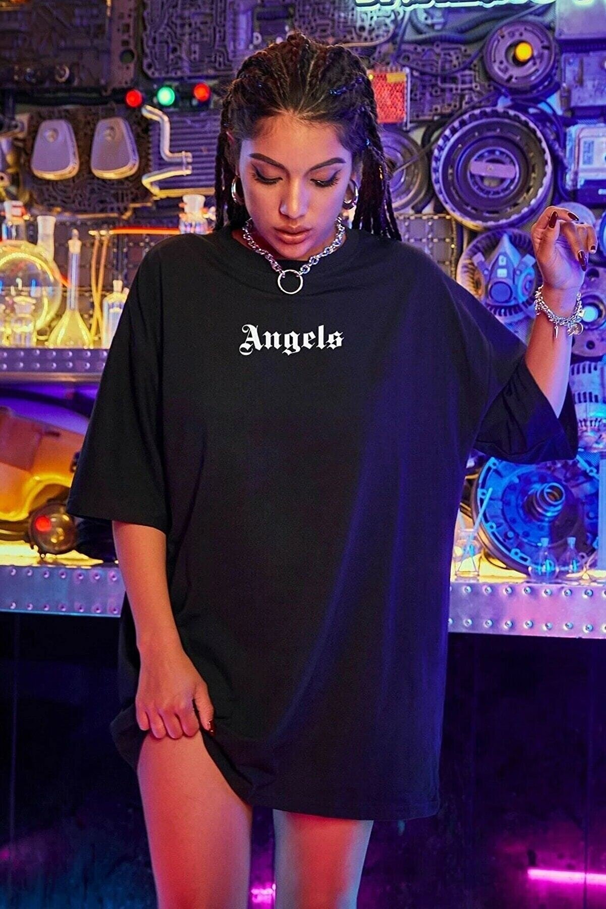 LEGION Kadın Siyah Oversize Pure Angels Baskılı T-shirt