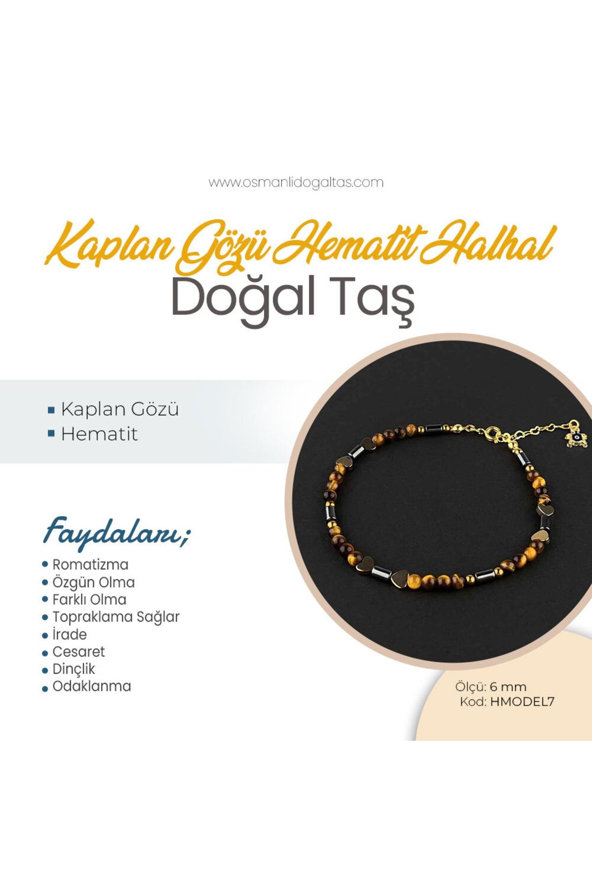 OSMANLI DEĞERLİ TAŞ Sertifikalı Kaplan Gözü, Hematit Doğaltaş Halhal 6 Mm, B954