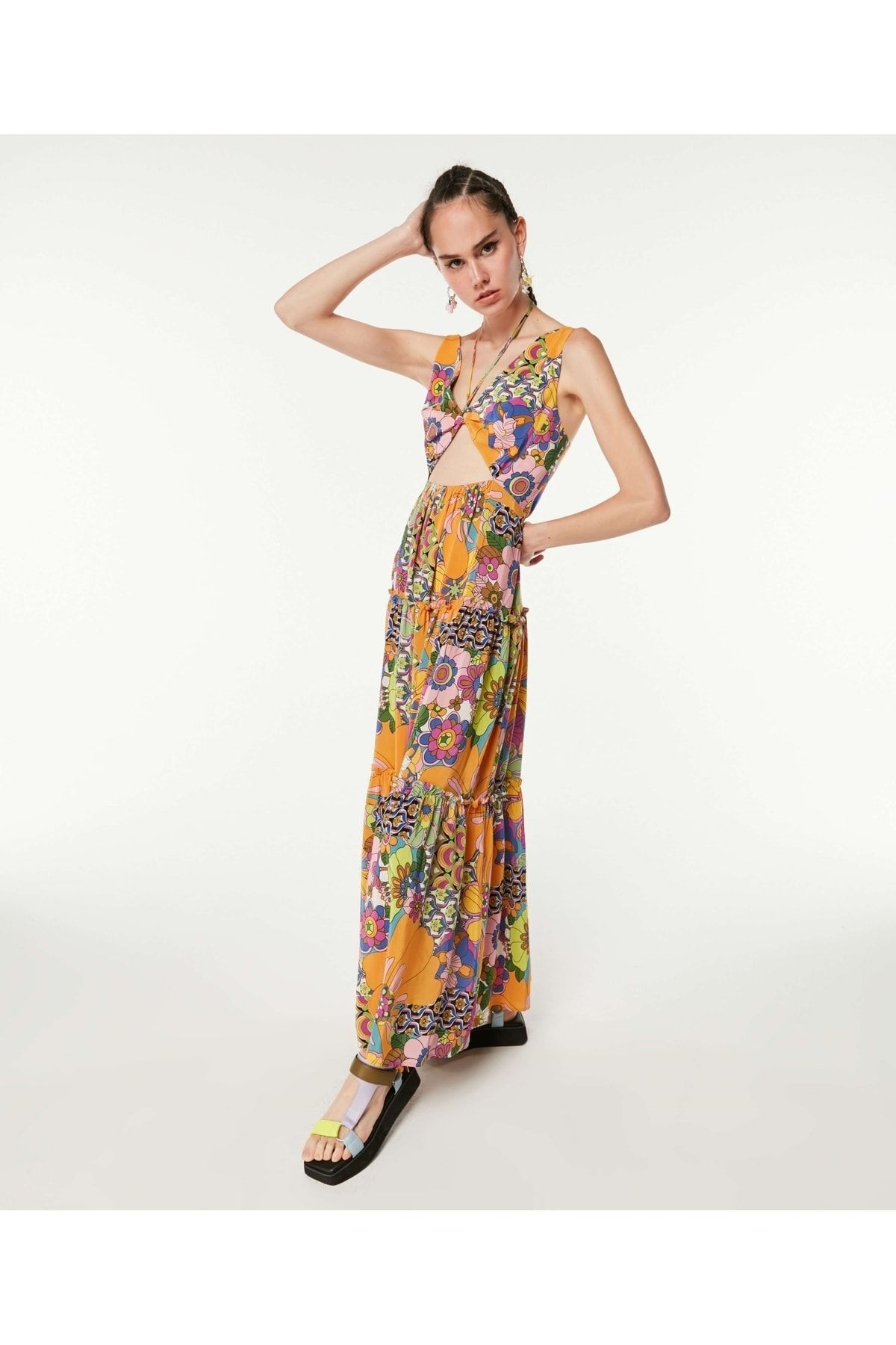 Twist Çiçek Desen Cutout Elbise