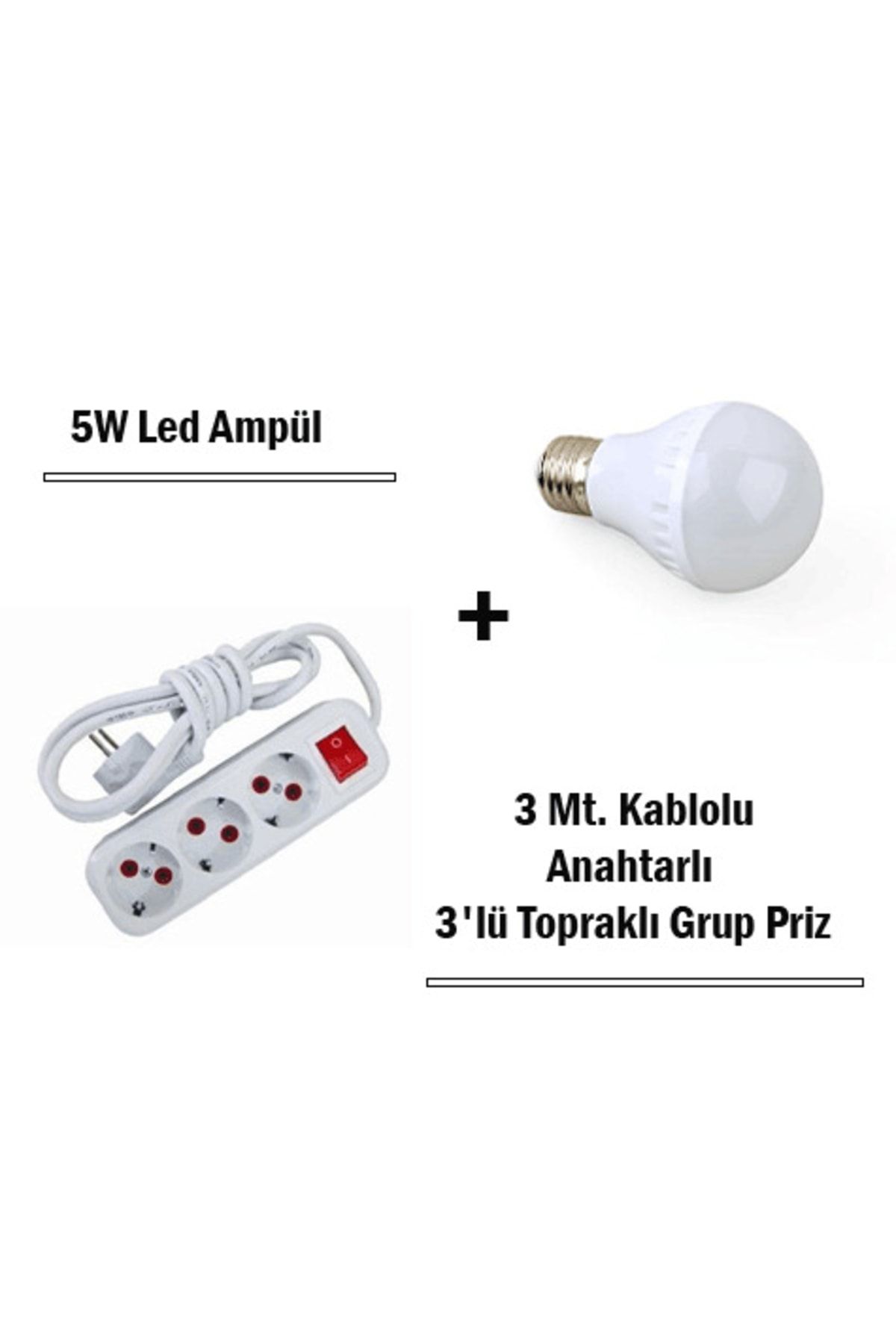 Piİthalat 5w Led Ampul + 3 Metre Uzatmalı Anahtarlı 3lü Priz Set