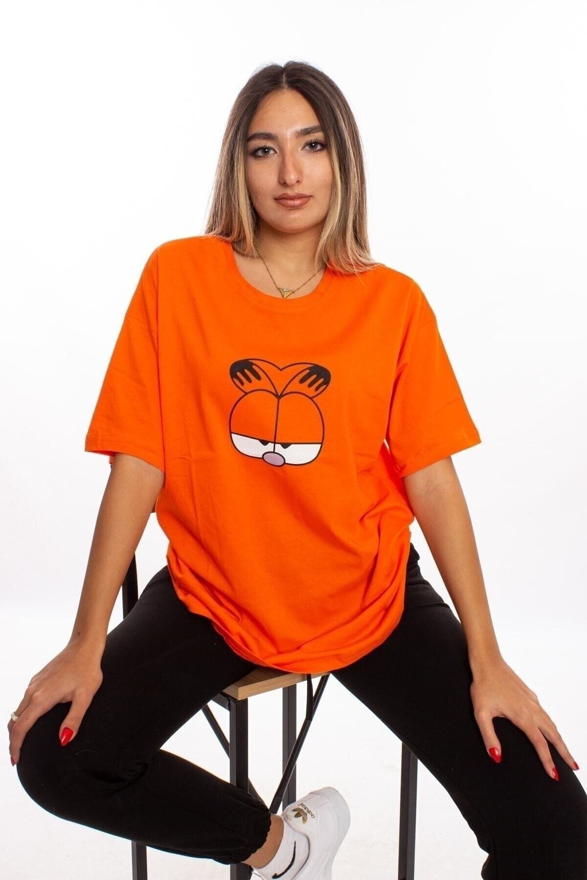 Genel Markalar Garfield Baskılı Turuncu Oversize Unisex Tshirt