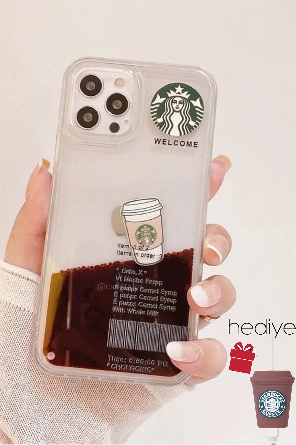 The Puffer Case Iphone 13 Pro Starbucks Şeffaf Kahve Akışkanlı Kılıf 3 Boyutlu Starbucks Kablo Koruyucu Hediye