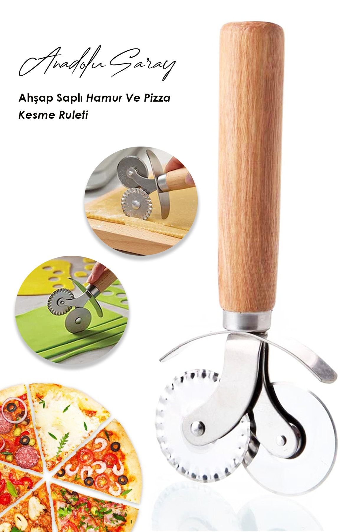 Anadolu Saray Çarşısı Pratik Ahşap Saplı Hamur Ve Pizza Kesme Ruleti Hamur Ve Börek Kesici Rulet Çift Taraflı Kesme Bıçağı
