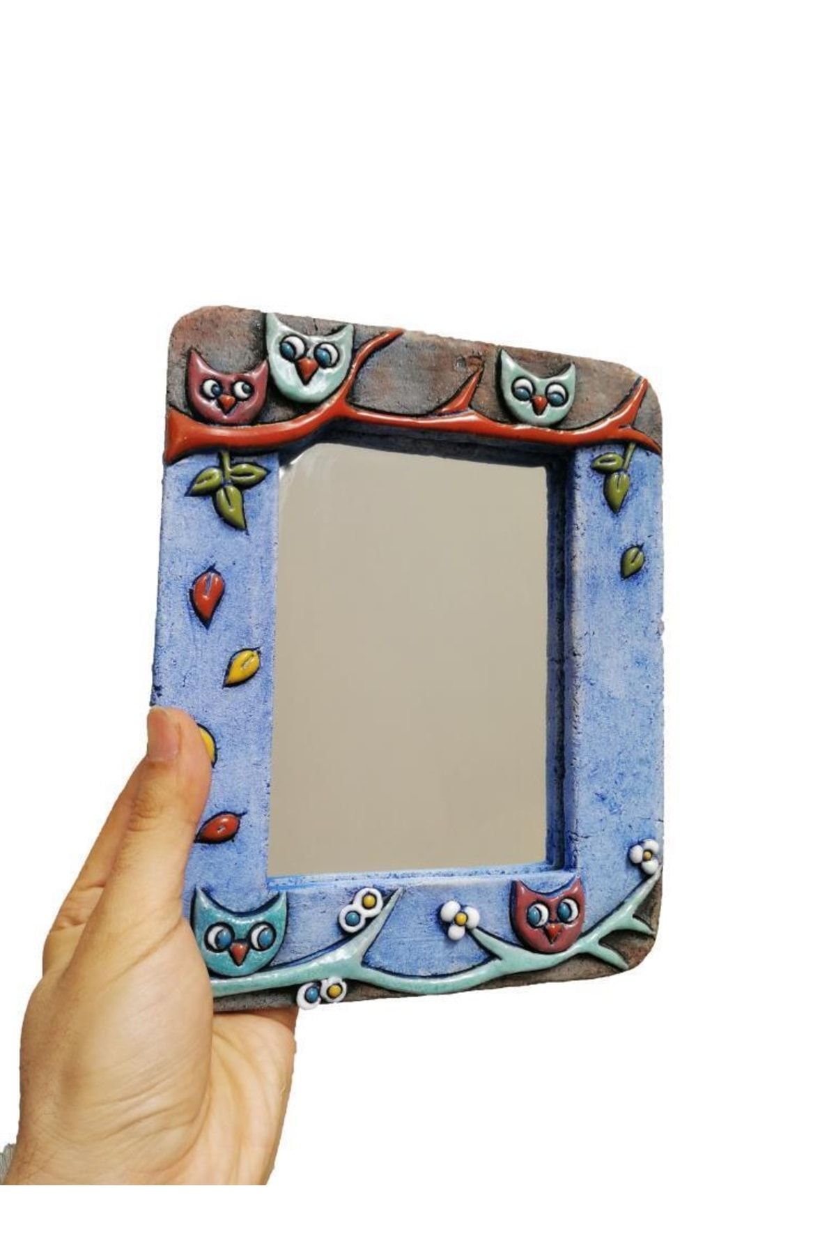 SUME Özel Tasarım Baykuş Süslemeli Seramik Çerçeve Ayna 14.5 X 10 Cm