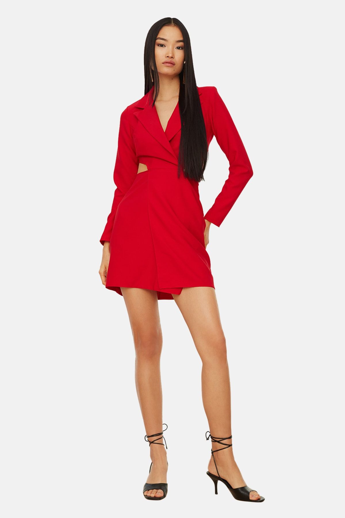 TRENDYOLMİLLA Kırmızı Ceket Yaka Cut Out Detaylı Mini Dokuma Elbise TWOAW22EL0391