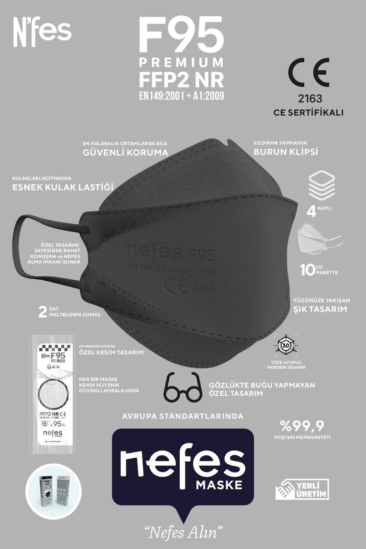 nefes maske N'fes F95 Premium Kore Tipi Gri N95(kf94) Maske 1 Kutu 10 Adet