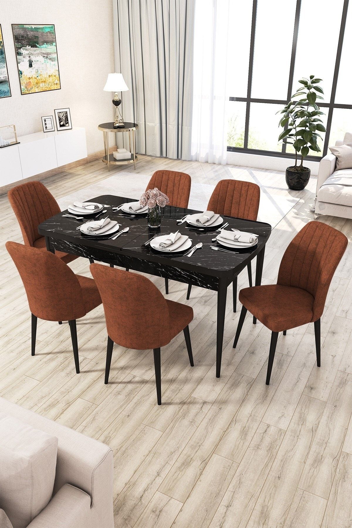 Rovena Zeta Siyah Mermer Desen 80x132 Mdf Açılabilir Yemek Masası Takımı 6 Adet Sandalye
