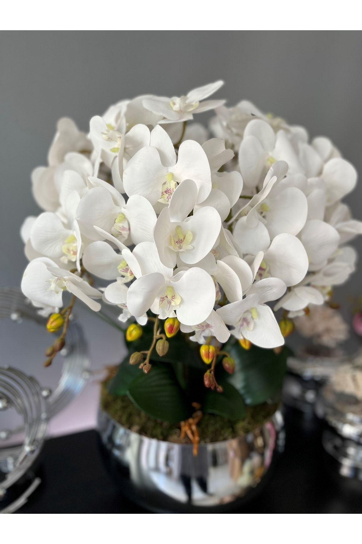 LİLOTEHOME 10 Dal Islak Lateks Dokulu Orkide Aranjman Japon Model Gümüş Renk Saksı