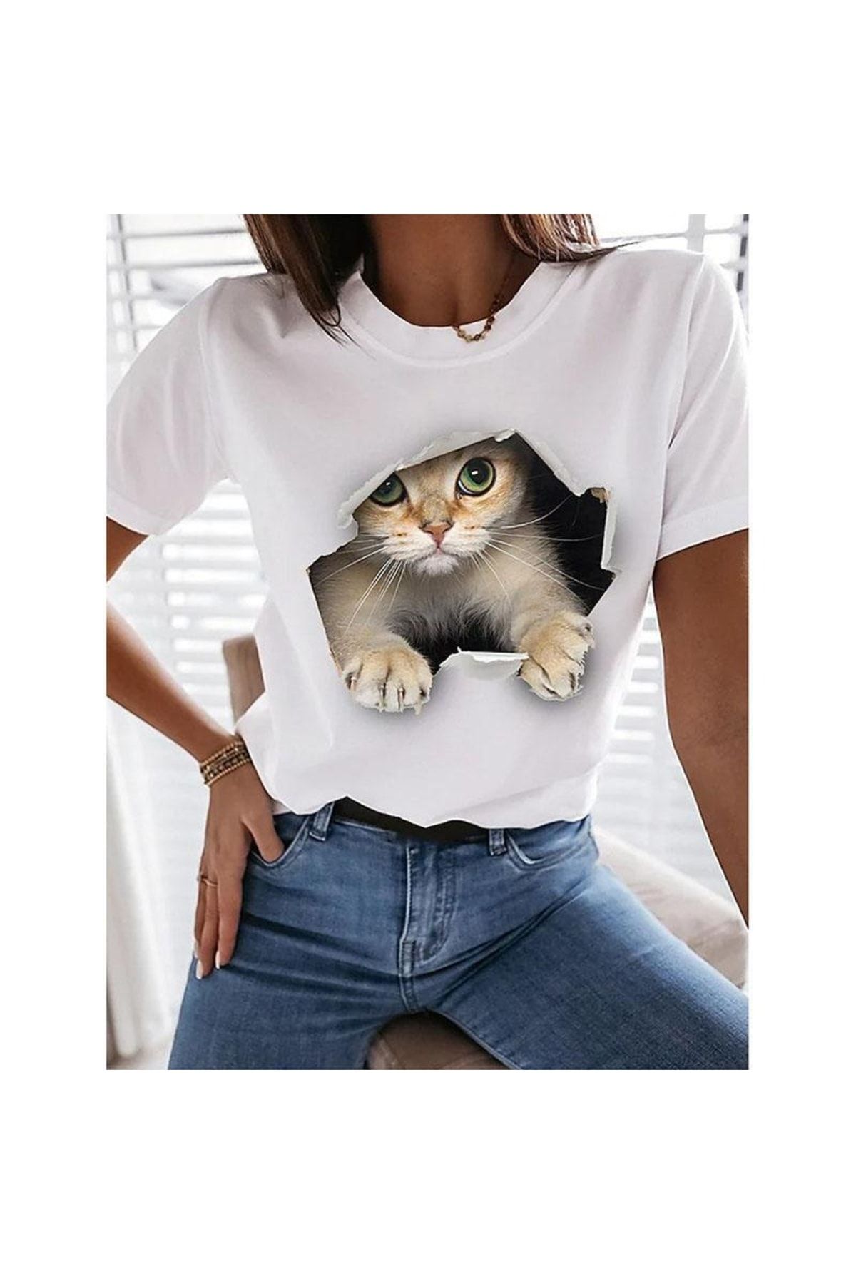 GALASHOP Kadın 3d Kedi Komik Tişört