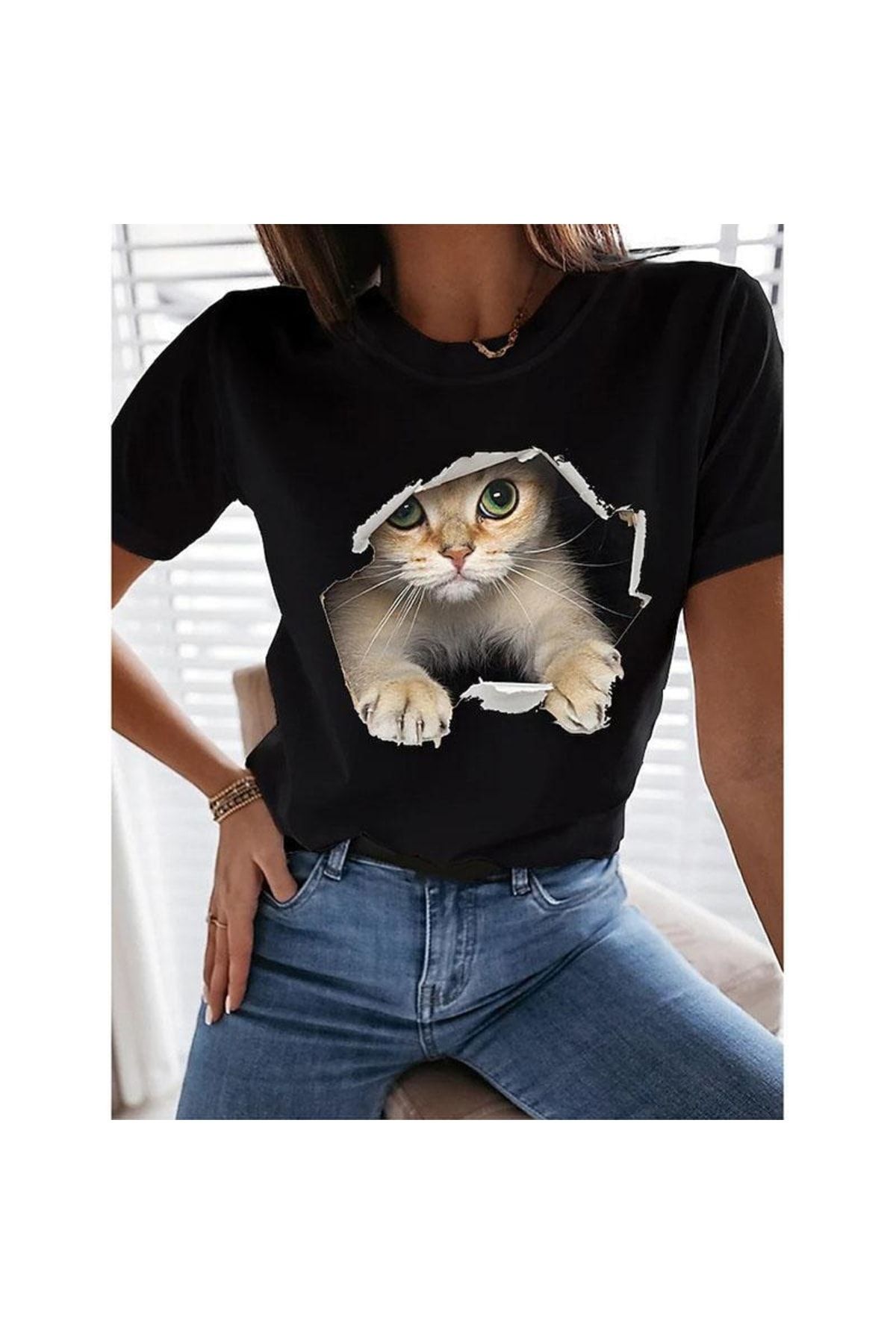 GALASHOP Kadın 3d Kedi Komik Tişörtü