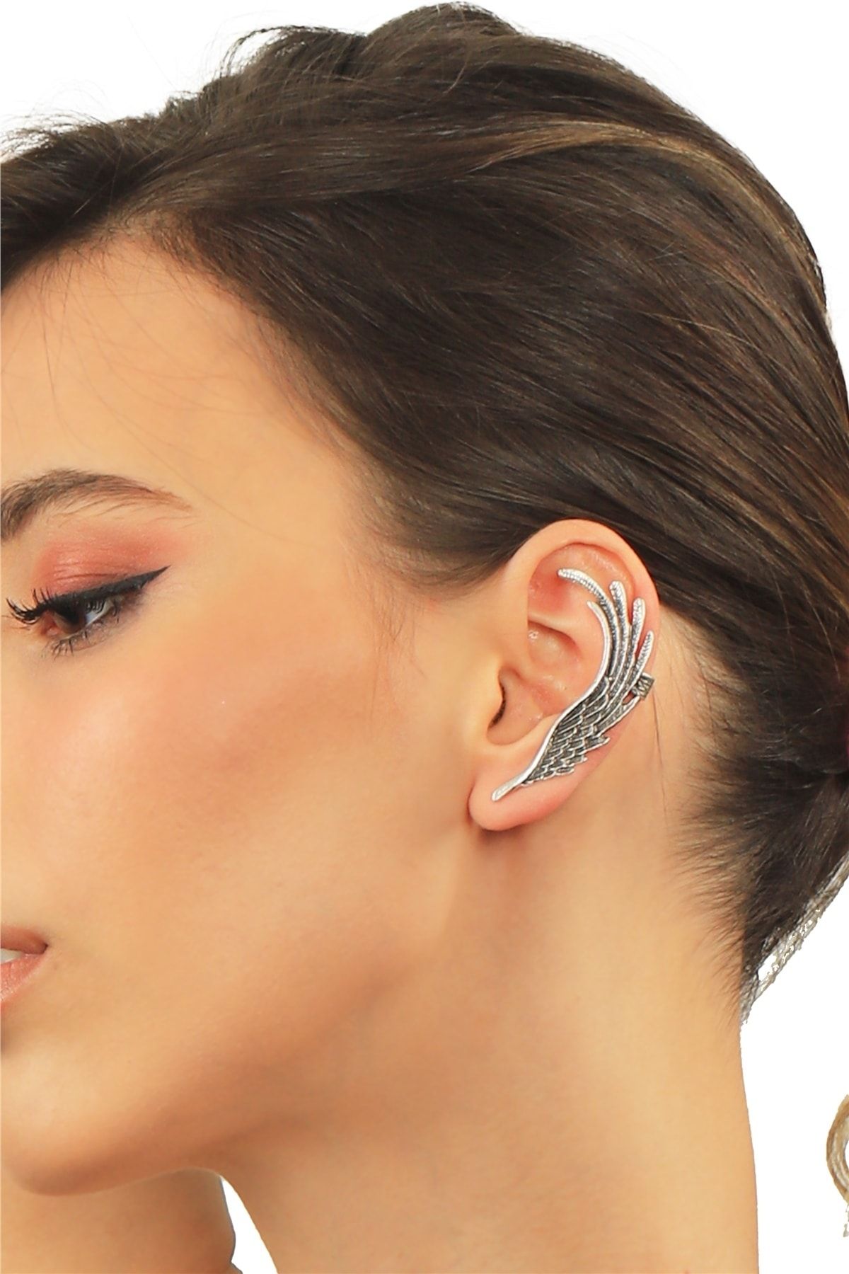 LABALABA Kadın Antik Gümüş Kaplama Çivili Ve Sıkıştırmalı Model Ear Cuff Sol Kulak Melek Kanadı Küpe