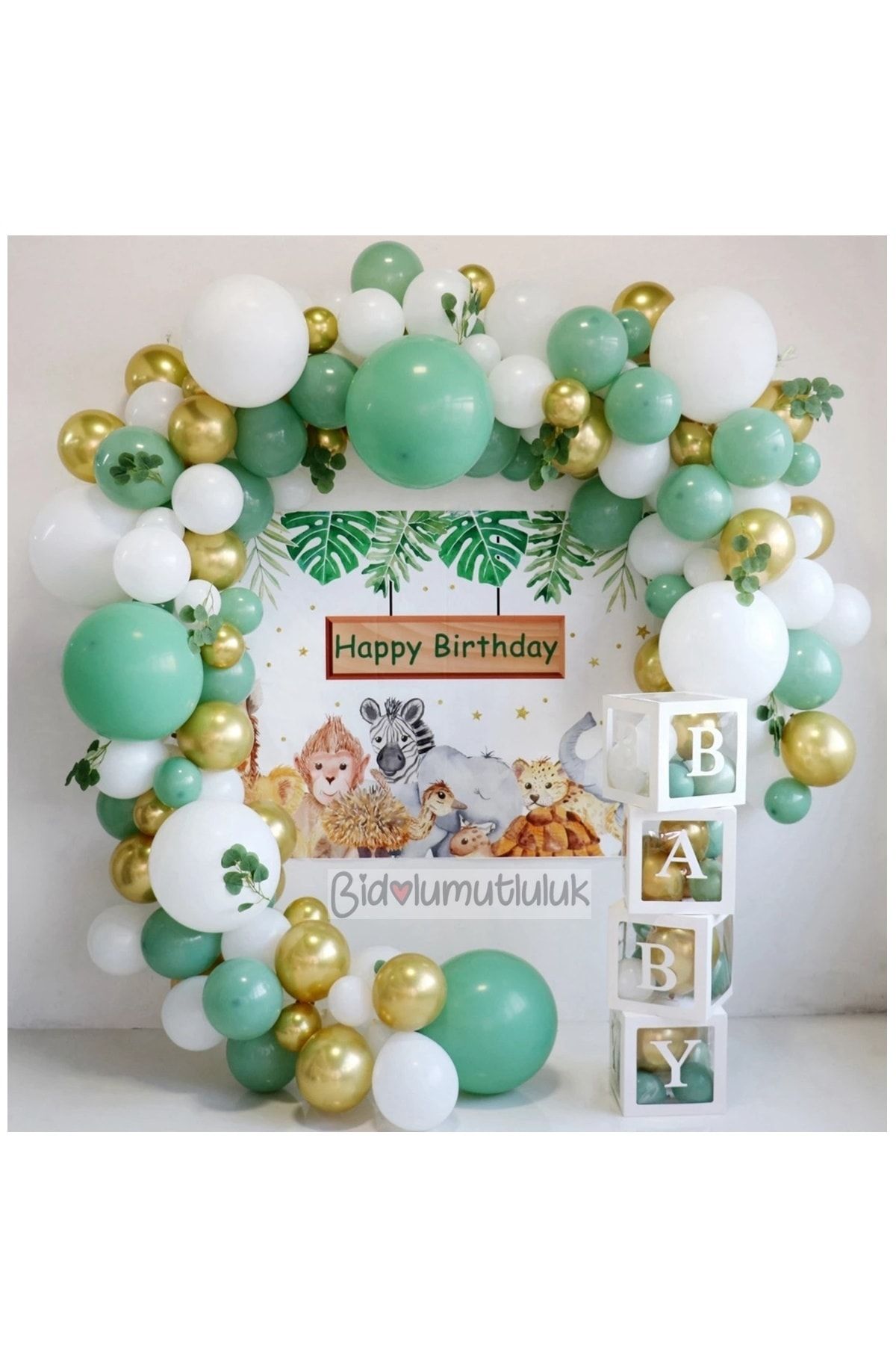 BİDOLUMUTLULUK Baby Yazılı Balon Kutusu Küf Yeşili Konsepti Doğum Günü Kutlama Seti
