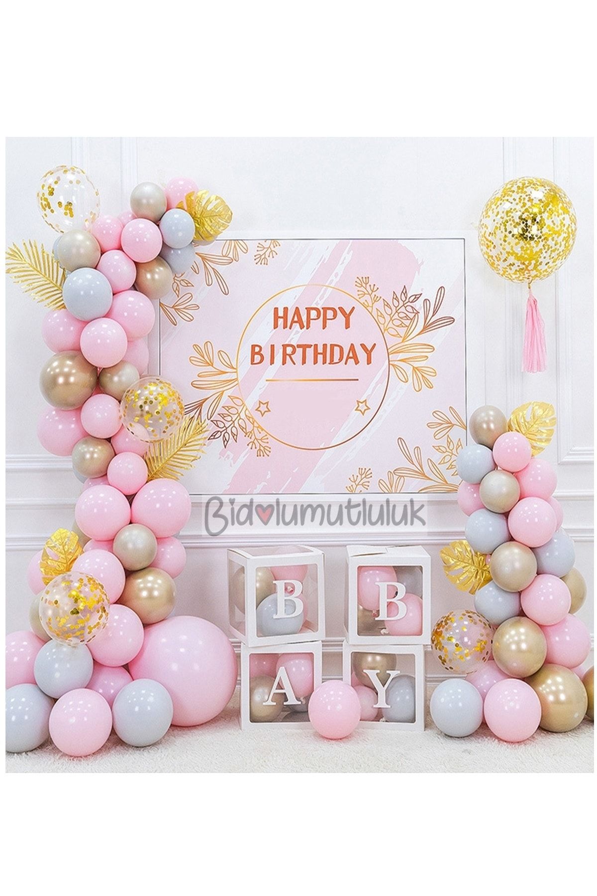 BİDOLUMUTLULUK Baby Yazılı Balon Kutusu Pembe Balon Konsepti Doğum Günü Kutlama Seti