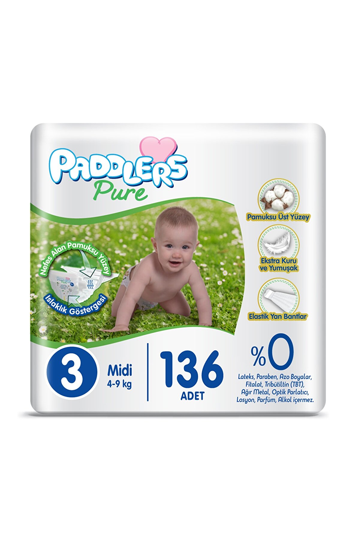 Paddlers Pure Bebek Bezi 3 Numara Midi 136 Adet (4-9kg)
