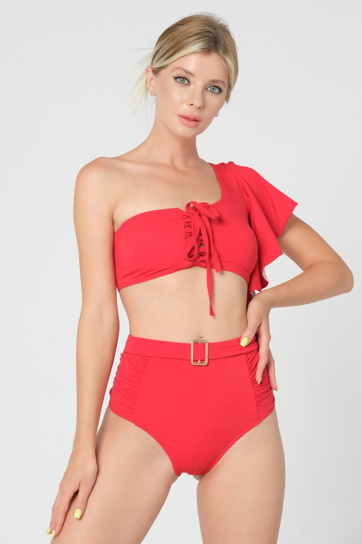 MQS BEACHWEAR Tek Omuz Fırfırlı Yüksel Bel Kırmızı Bikini