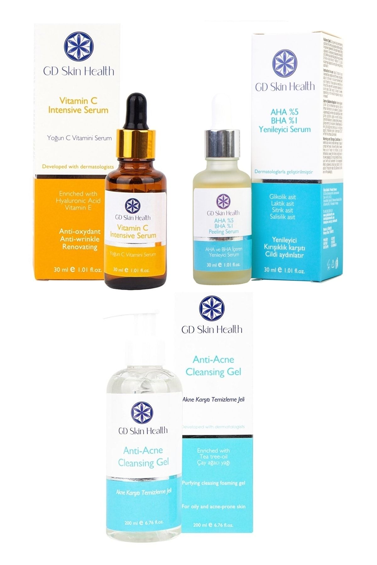 GD skin Health Vitamin C Intensive 30 Ml + Aha %5,8 Peeling 30 Ml + Anti-acne Cleansing Gel 200 Ml