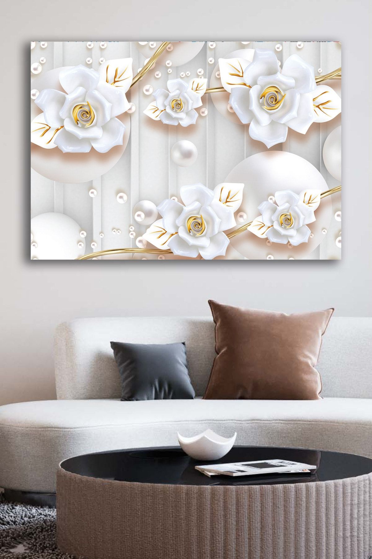 Sanat Tablo Kanvas Duvar Tablosu Baskılı Beyaz Güller Altın Efektli Ev Ofis Otel Dekor Hediyelik Tablo
